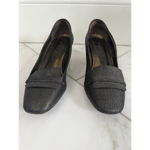 LANVIN Metallic Black Gold Block Heel Pumps Size 38 US 7 Women Leather Heels 2” - Picture 2 of 11